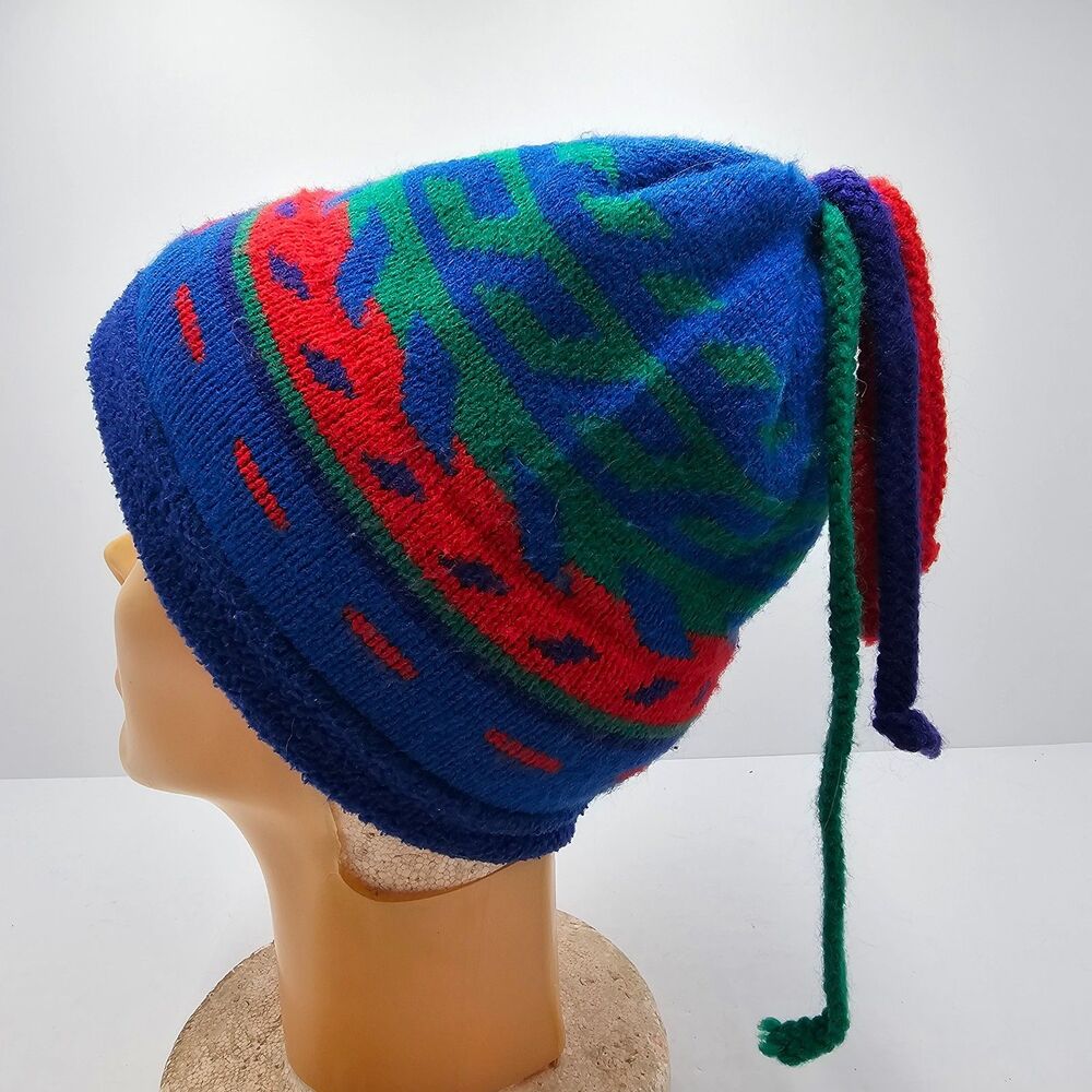 Vintage 80s 90s Aztec Geometric Knit Tassel Stocking Beanie Hat Fleece Lined Ski